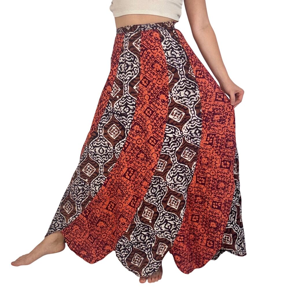 Vintage 1970s Red Brown Block Print Cotton Maxi Skirt Bias Cut Boho Swirler 25W